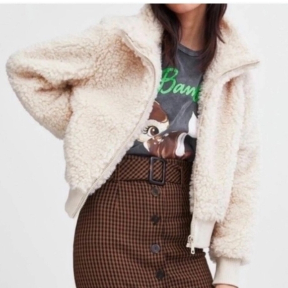 ZARA Cream Teddy Sherpa Bomber Fleece Jacket Size S - Picture 1 of 6